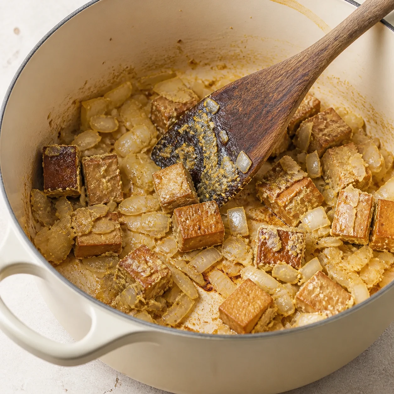 Cocotte avec oignons et tofu fumé poudrés de farine qui blondit, spatule en bois.