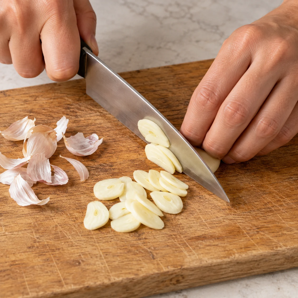 Une seule action : Préparer l’ail. La gousse d’ail est pelée et en lamelles. Version végétale aux pois chiches, aucune viande, aucun seitan, aucun tofu.