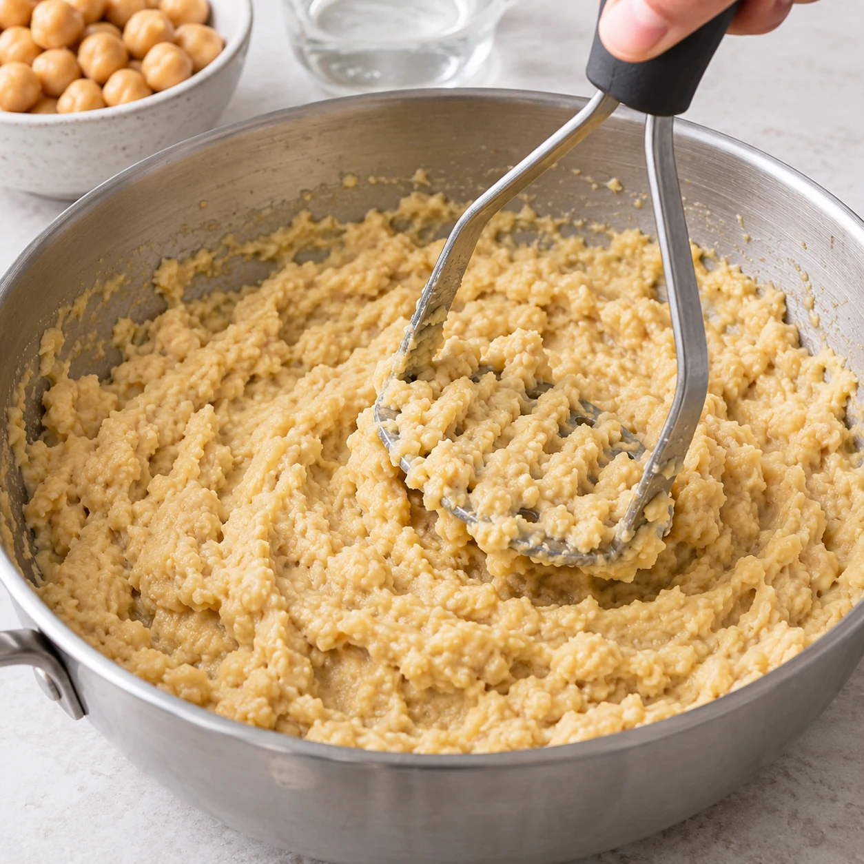 Écraser les pois chiches. La purée de pois chiches est épaisse et crémeuse, sans grains entiers.. Une seule action, cadrage carré, mains anonymes seulement si nécessaires. Aucun œuf, aucune farine, aucun jaune coulant, aucune gousse de pois ; pois chiches cuits écrasés, beige mat et légèrement granuleux.