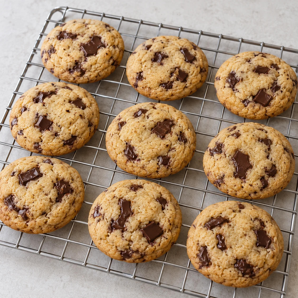 Cookies cuits beige doré avec chocolat noir, se raffermissant sur une grille neutre.
