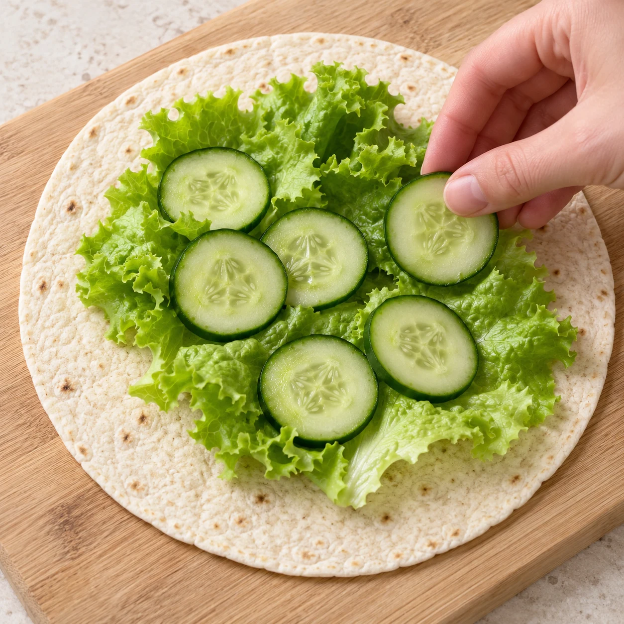 Rondelles de concombre sur la laitue d’une tortilla, avant la garniture crémeuse.