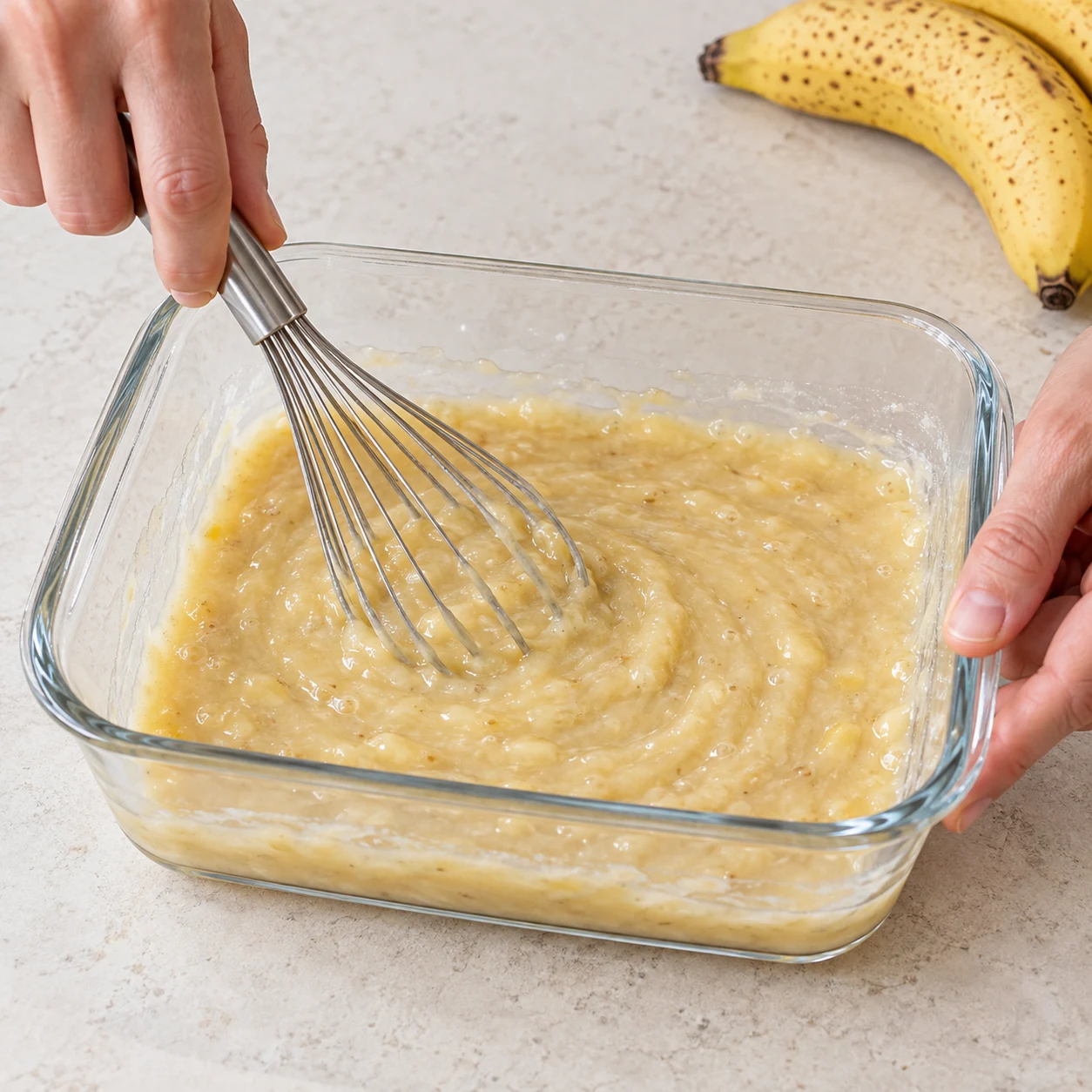 Incorporez les 28 g de fécule de maïs et les 84 ml d’eau à la purée de banane, au fouet, jusqu’à disparition des amas de fécule. Photo unique de cette action, sur pierre pâle, sans texte ni personne identifiable.