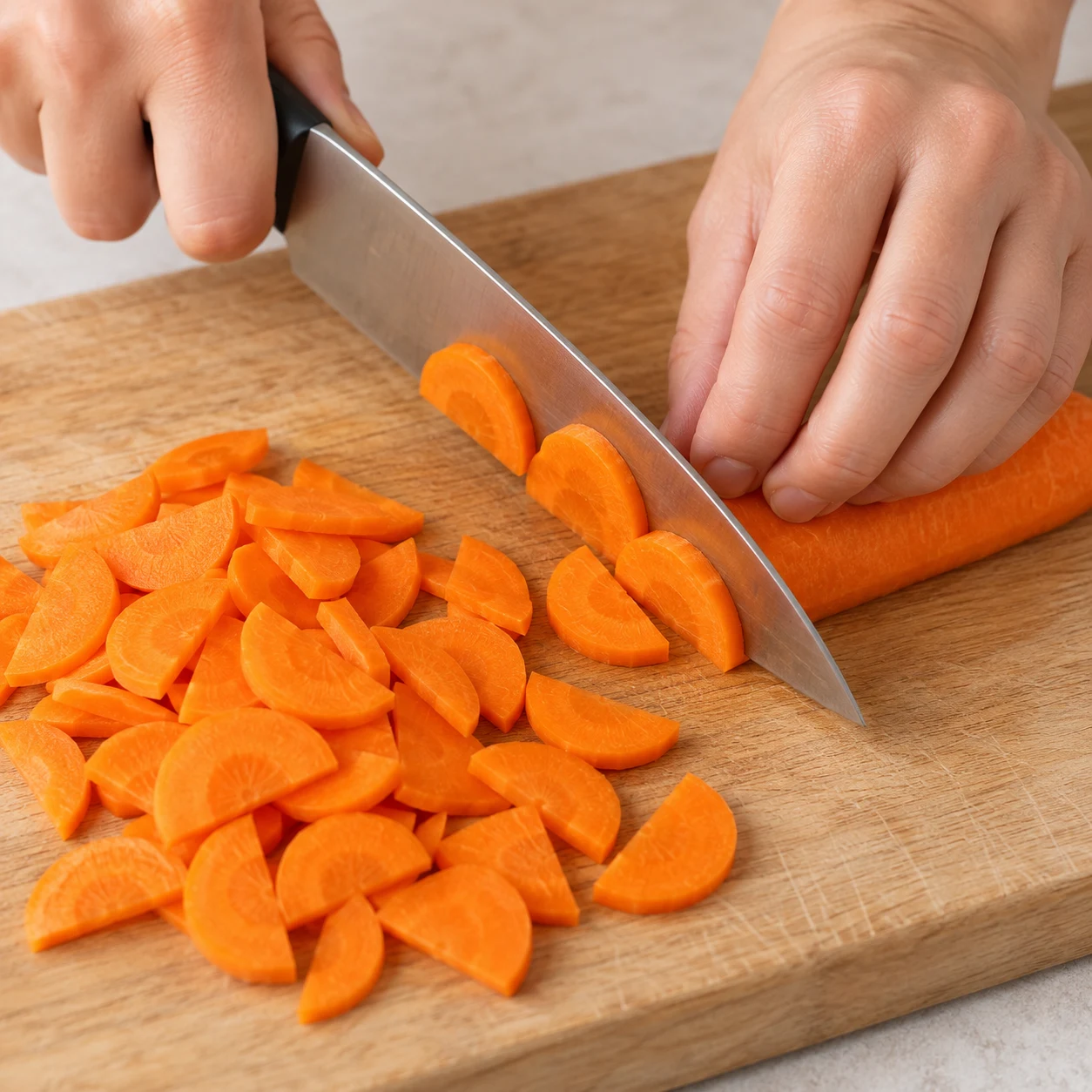 Carottes orange en fines demi-rondelles sur une planche, coupe active avec prise en griffe.