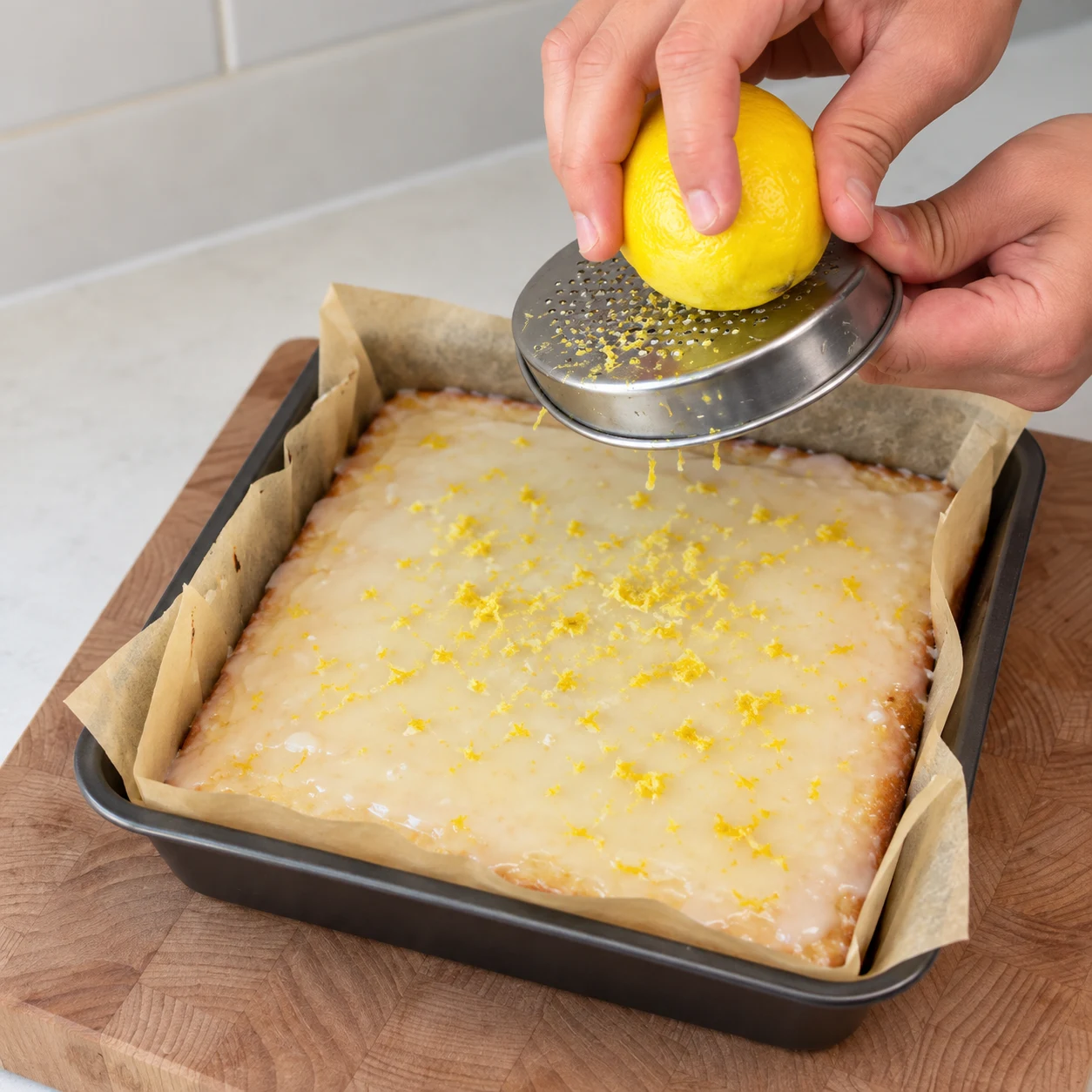 Une main anonyme râpe un citron au-dessus du brownie glacé.