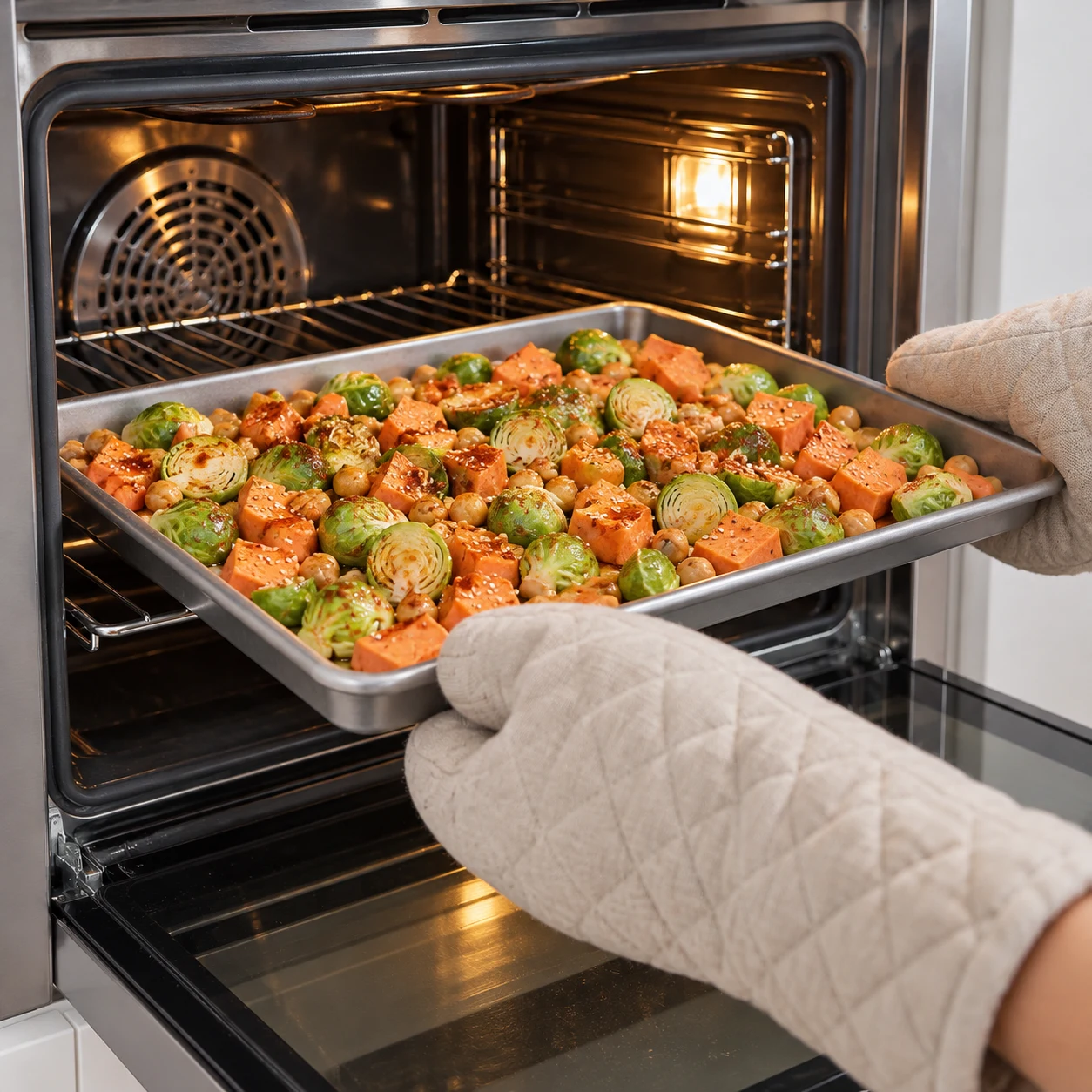 Plaque de choux de Bruxelles crus, patate douce crue et pois chiches marinés entrant au four ; mains protégées avec maniques.
