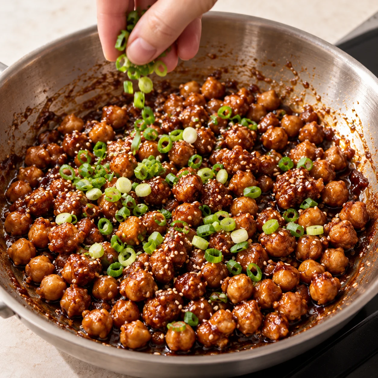 Pois chiches teriyaki avec sésame et cébette émincée dans la poêle.