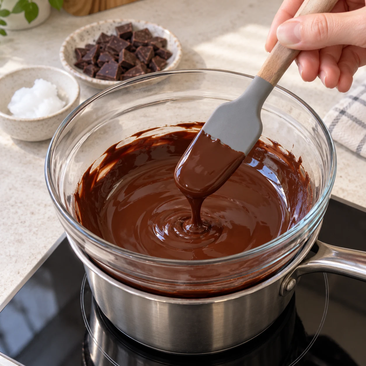 Faire fondre le chocolat. Le chocolat est liquide et homogène, sans morceaux solides.