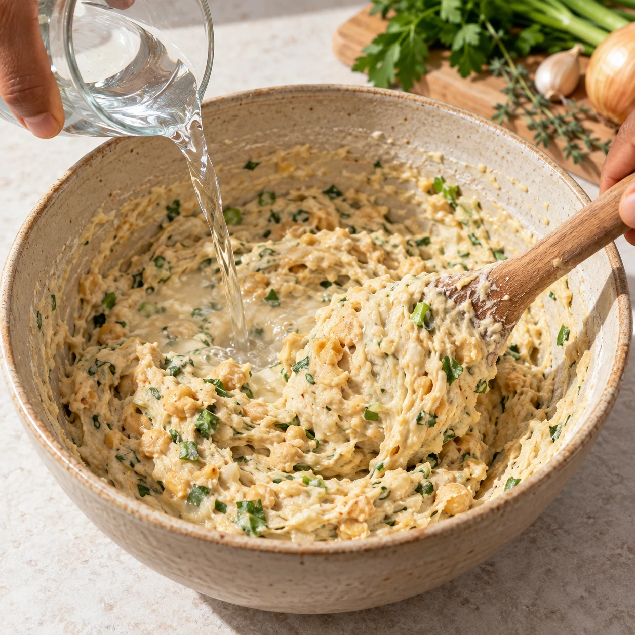 Cuillère remuant une pâte épaisse claire, petits fragments beige de pois chiches et aromates verts, filet d’eau dans le bol.