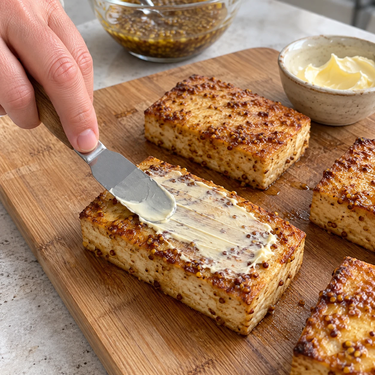 Pavé doré sans feuille de brick recevant une mince couche de margarine végétale, sur une planche ; petite spatule et main anonyme.