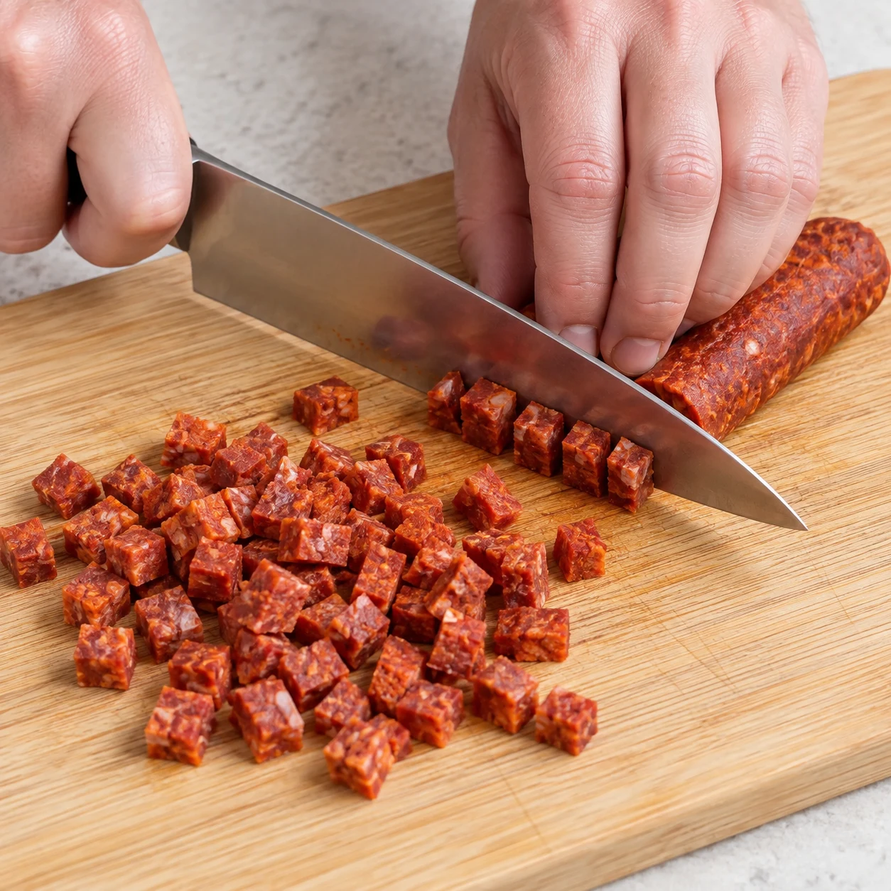 Découper le chorizo végétal. Les dés sont petits et de taille proche. Une seule action, plan de travail pierre pâle, ustensiles neutres ; seulement les ingrédients de cette étape.