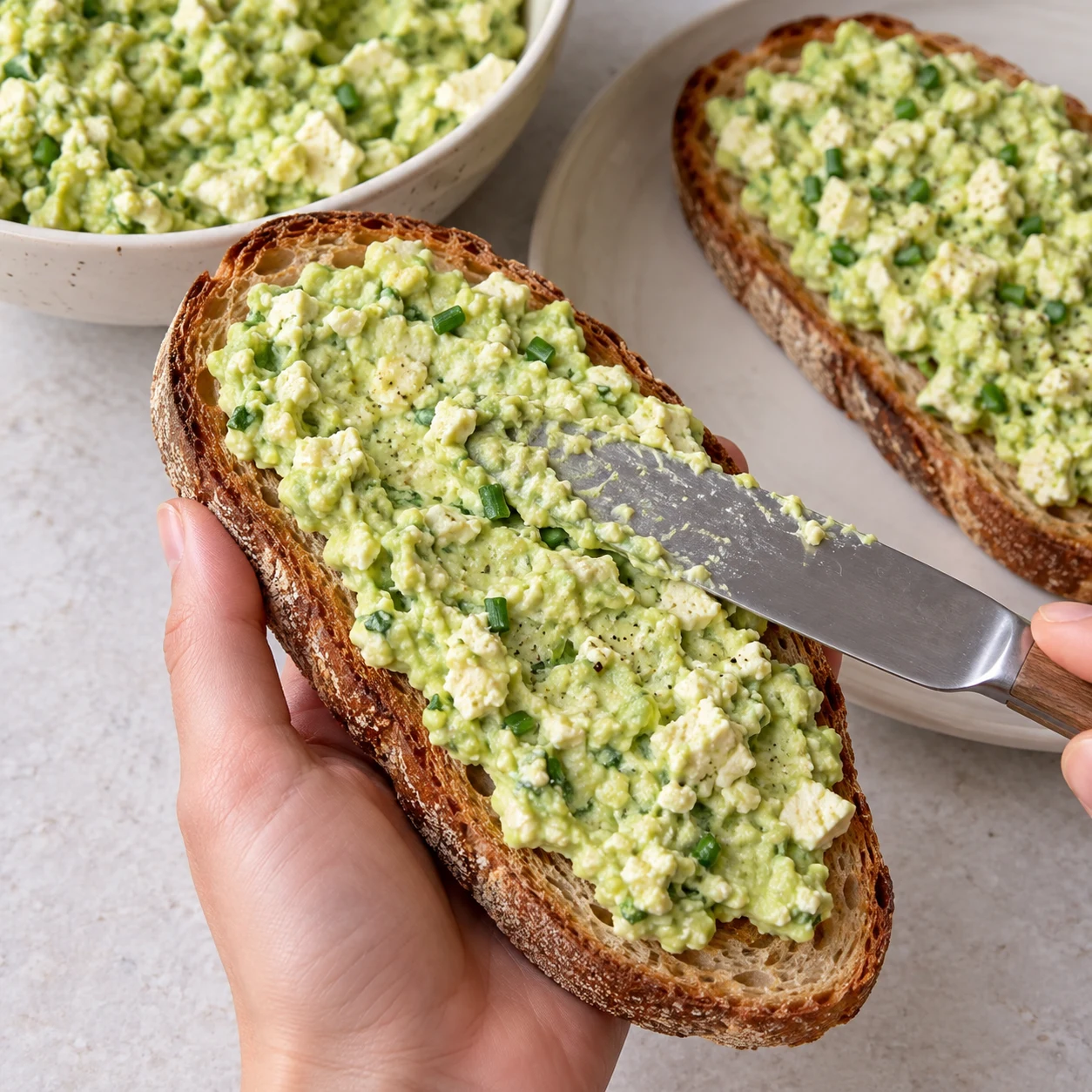 Une main anonyme étale la tartinade avocat-tofu-soja-ciboulette sur une tranche rustique grillée.