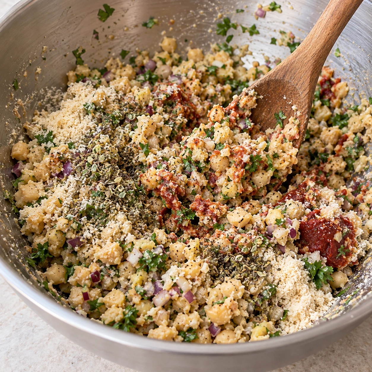 Une seule phase : Dans un grand bol, mélangez la base avec la poudre d’amande, la chapelure, le concentré de tomate, la sauce soja, la seconde c. à soupe d’origan, le sel et le poivre. Goûtez pour ajuster l’assaisonnement. État attendu : Les ingrédients sont uniformément répartis dans le mélange. Sans texte, sans personne identifiable, uniquement les ingrédients de cette étape.