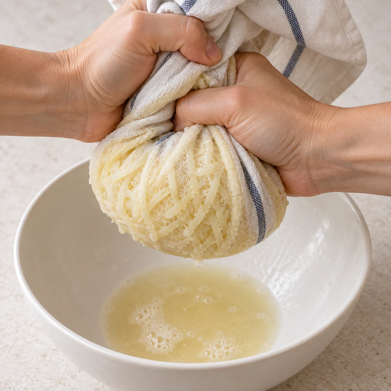 Deux mains adultes anonymes pressant un torchon contenant des filaments de pommes de terre au-dessus d’un bol.