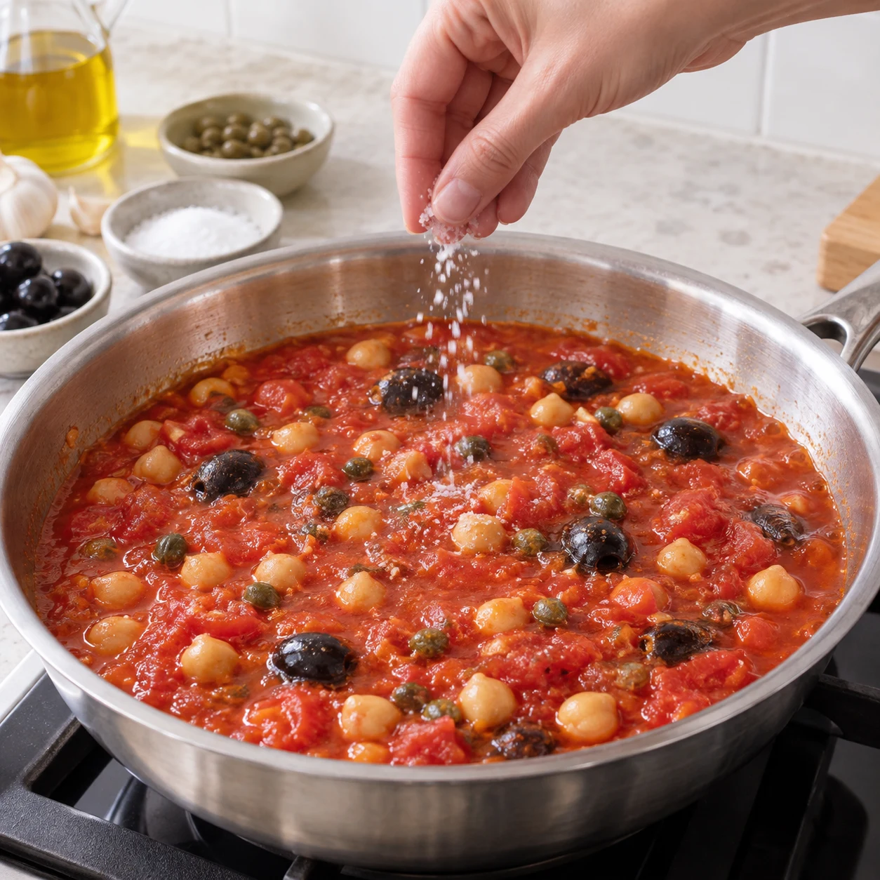 Sale légèrement la sauce : les câpres et les olives noires sont déjà salées.
