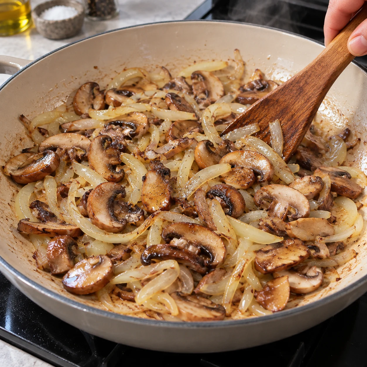 Ajoutez les champignons aux oignons et faites-les dorer dans la même poêle. Montrer seulement l’action et cet état de cuisson.