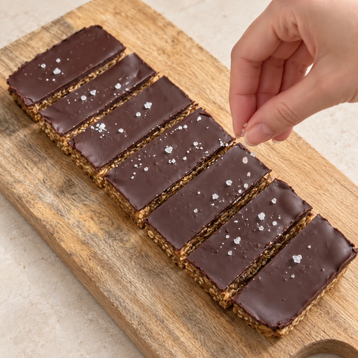 Parsème les barres de quelques cristaux de gros sel, comme le geste visible en fin de recette. État à montrer : Quelques cristaux sont répartis sur la surface du chocolat.
