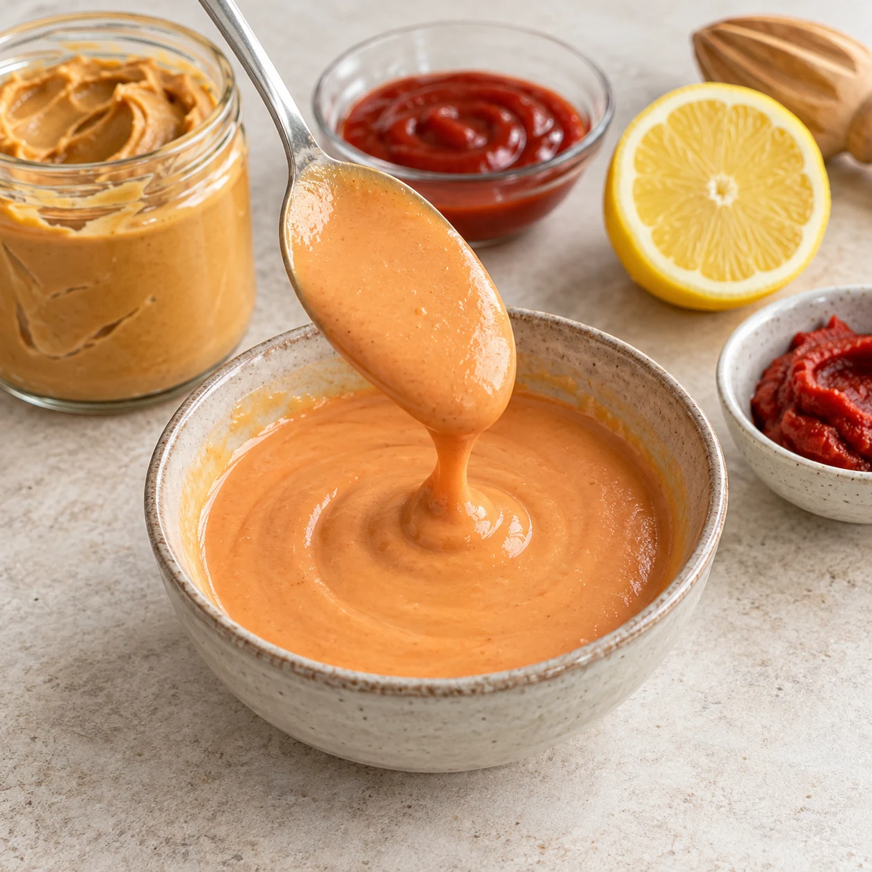 Cuillère soulevant une sauce cacahuète orangée lisse dans un petit bol.