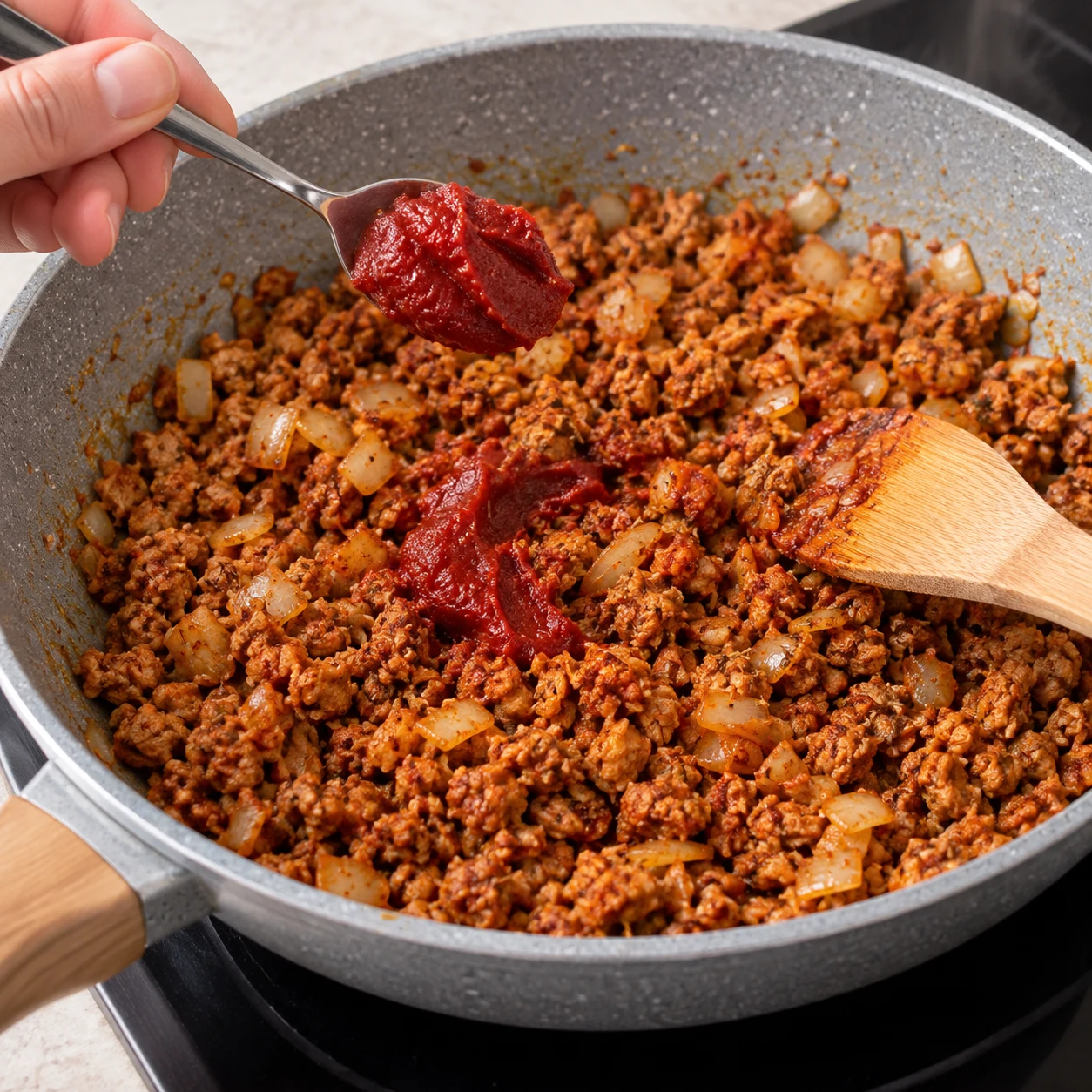 Ajoute une grosse càc de concentré de tomates et mélange soigneusement.