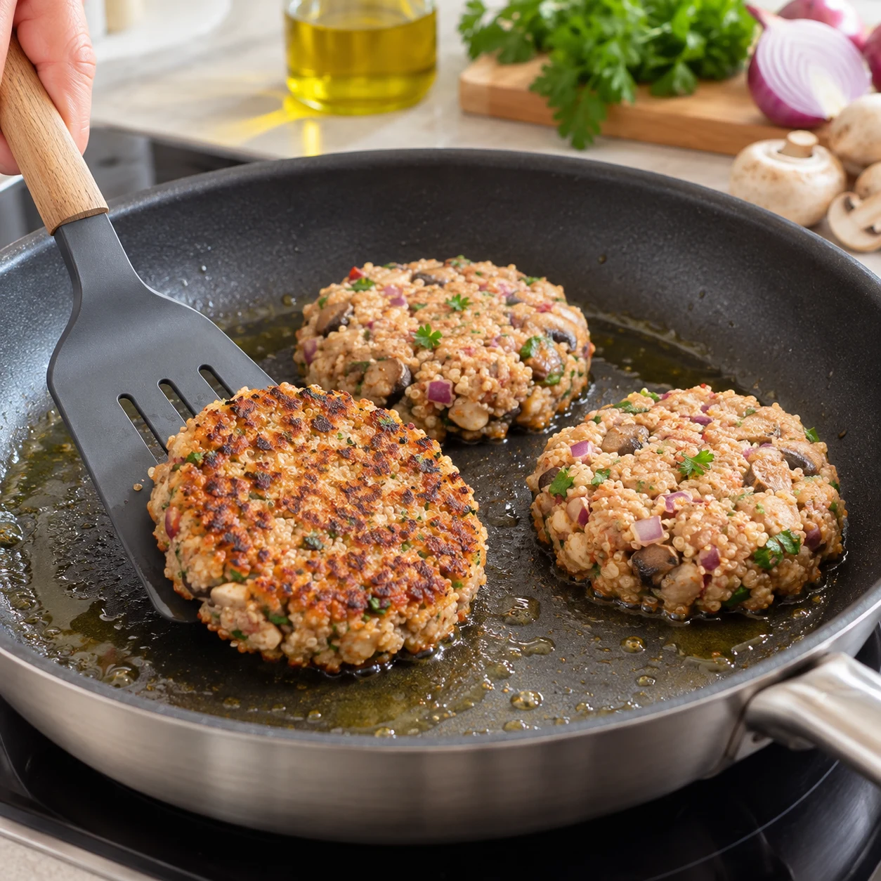 Dans une poêle bien chaude avec un peu d’huile d’olive, faites dorer une face des steaks pendant 4 minutes. Travaillez par fournées si nécessaire pour qu’ils restent à plat.