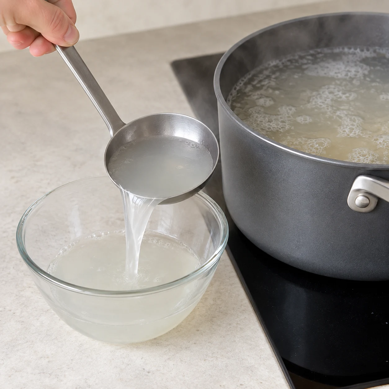 Avant d’égoutter, prélève une petite louche d’eau de cuisson dans un récipient résistant à la chaleur. Représenter uniquement les ingrédients de cette étape, leur état et le geste indiqué, sans texte ni personne identifiable.