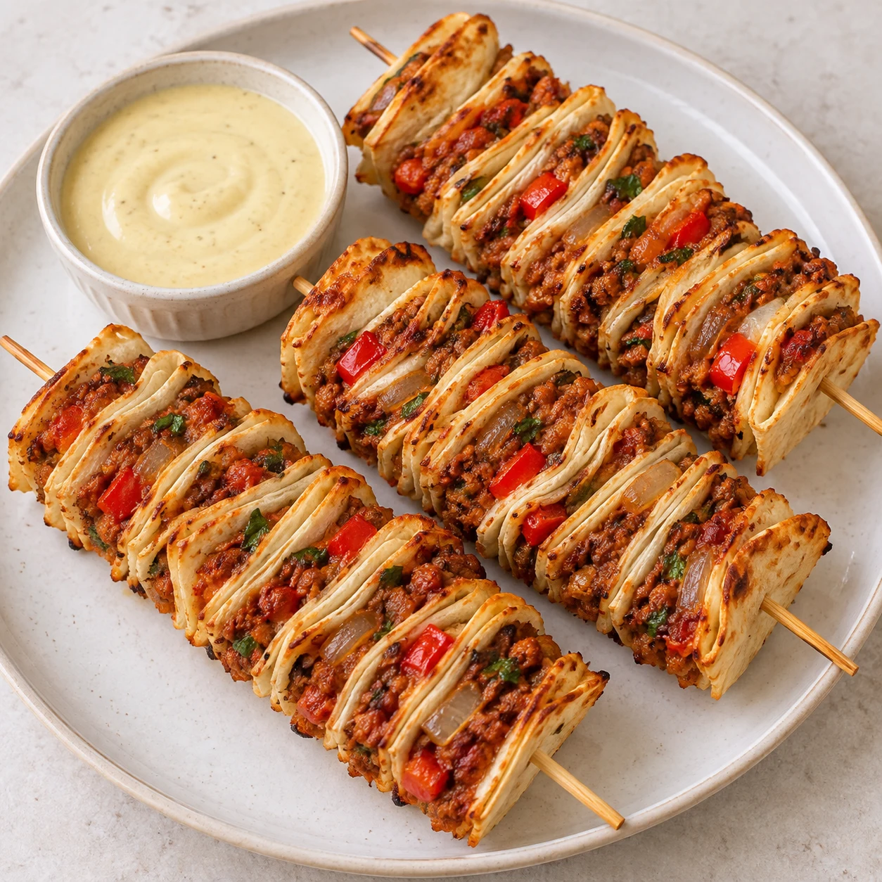 Servez les trois brochettes chaudes avec la sauce moutarde-agave. Montrer uniquement cette phase, sans texte ni personne identifiable ; soja cuisiné brun-rouge émietté, jamais viande rose.