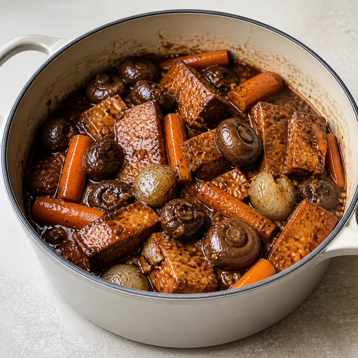 Coq au vin vegan fini dans une cocotte, morceaux de tofu fumé, carottes et champignons en sauce brillante.