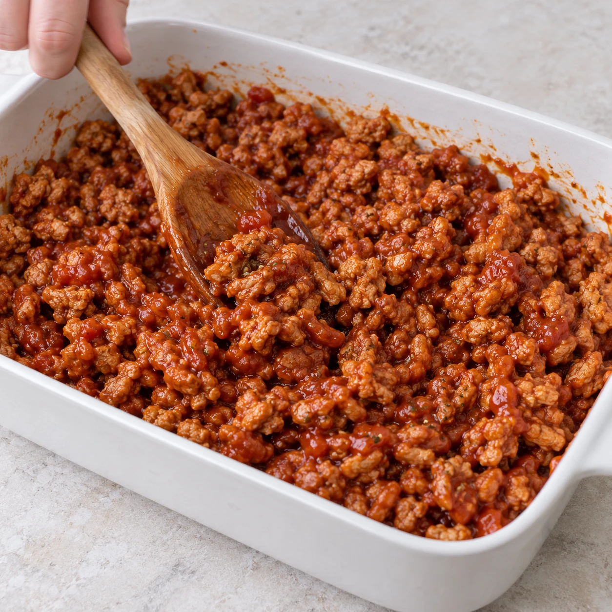 Enrober de ketchup : Le ketchup enrobe les petits morceaux de haché de soja. Image carrée, ingrédients de cette étape exclusivement, mains adultes anonymes uniquement si le geste l’exige, sans texte.
