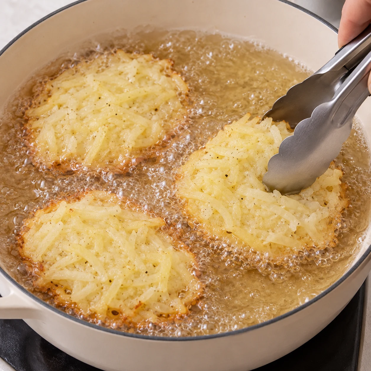 Galettes de pommes de terre dans une poêle haute avec huile bouillonnante, première face en cuisson, dessus encore pâle, pince sûre.