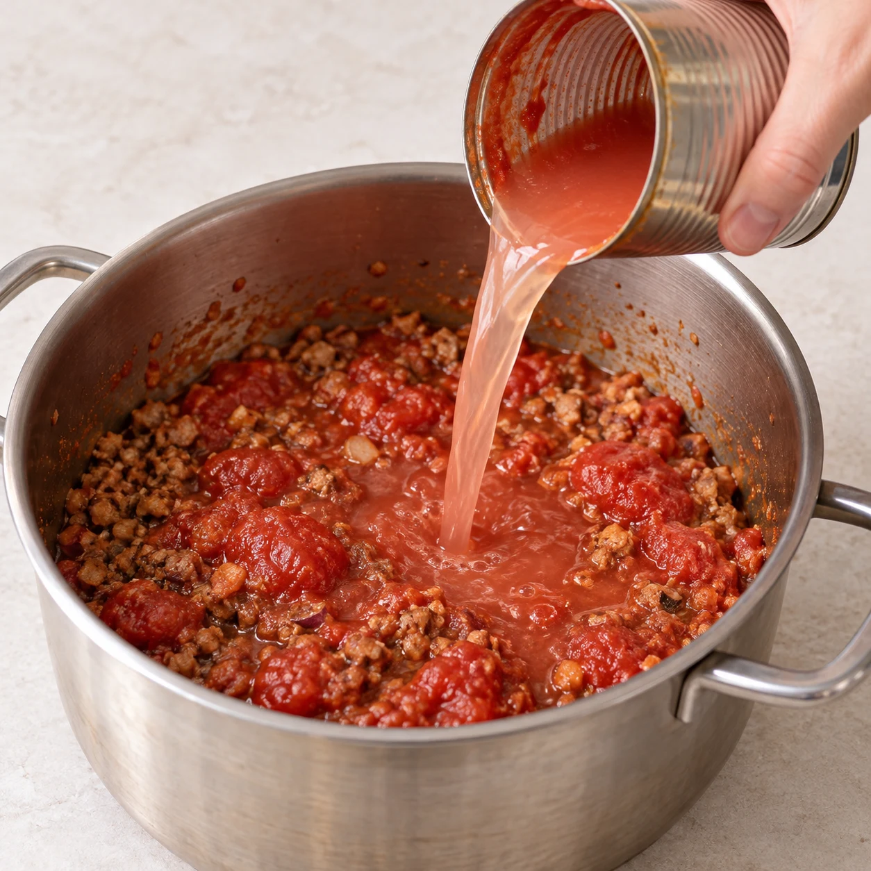 Eau de rinçage légèrement rosée versée depuis une conserve sans texte dans la casserole contenant les tomates et le haché ; aucun haricot encore.