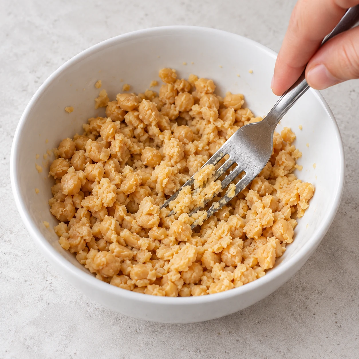 Écrasez les 110 g de pois chiches déjà égouttés à la fourchette dans un bol, en gardant de petits morceaux. Montrer uniquement les ingrédients de cette phase sur pierre pâle, vaisselle blanche neutre.