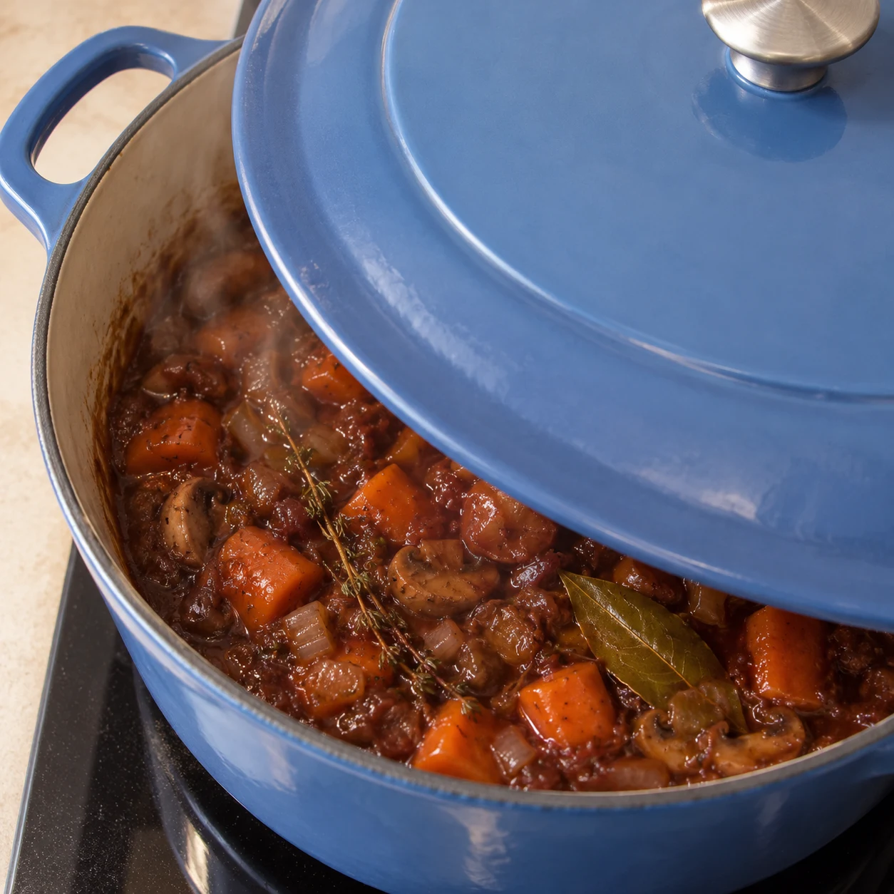 Cocotte bleue contenant seulement carottes, champignons, oignons, farine, vin rouge et aromates, couverte.