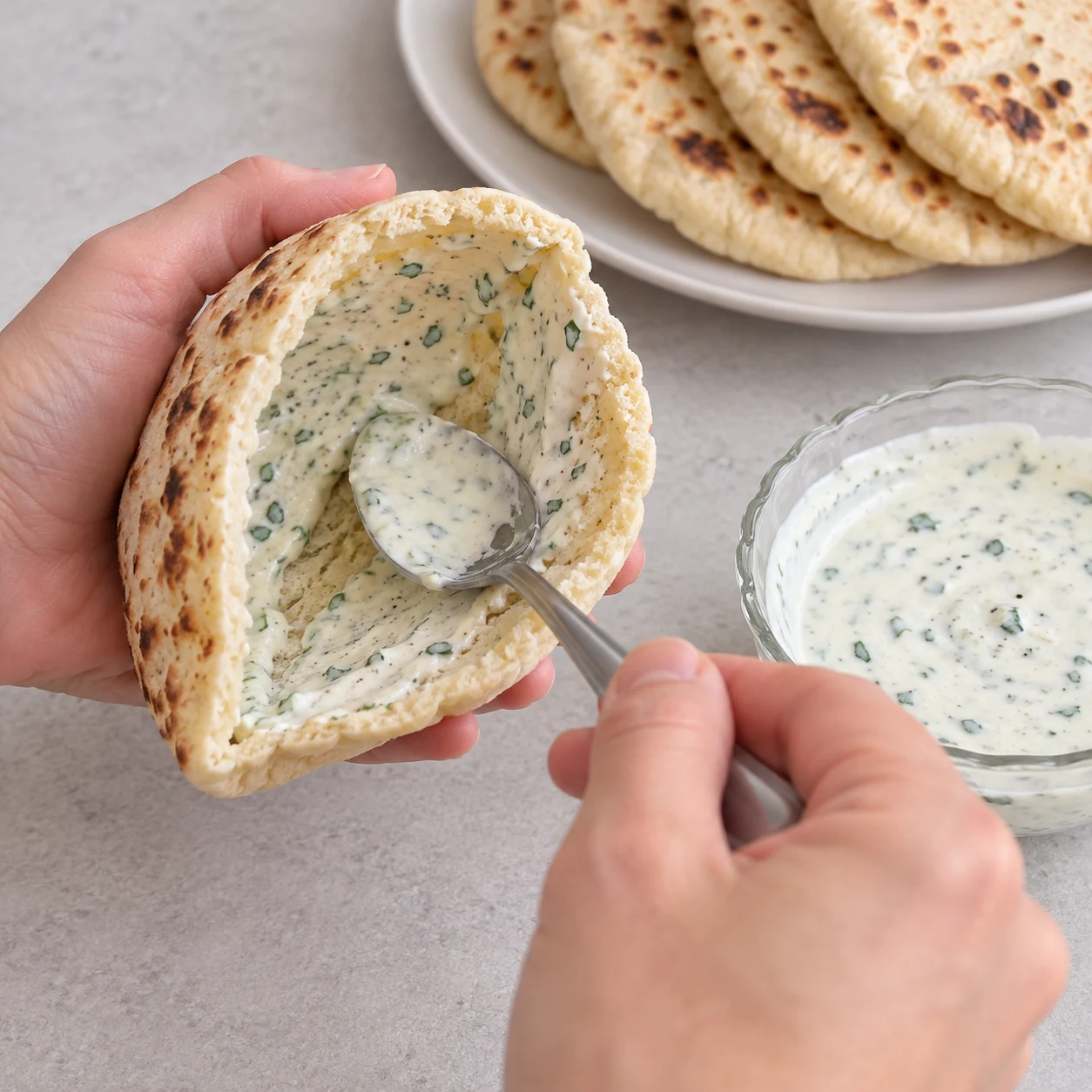 Tartiner les pitas. Les parois intérieures sont nappées de sauce, sans remplir la poche.