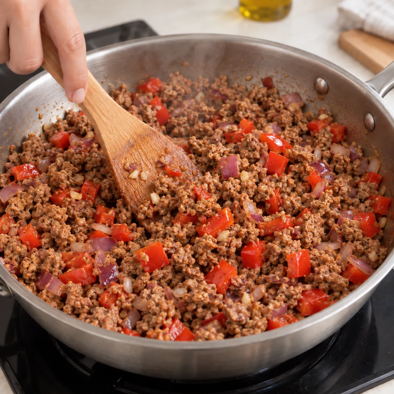 Haché végétal brun émietté avec dés de poivron et oignon, spatule en action dans la poêle ; aucun bœuf.