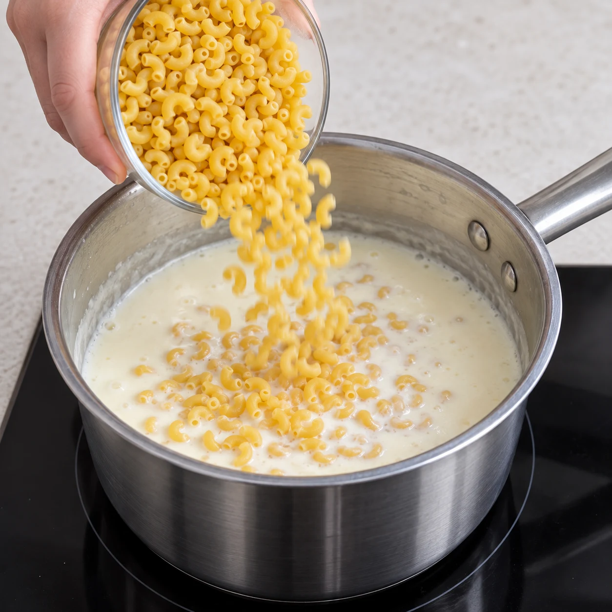 Verser petites coquillettes crues dans sauce blanche.