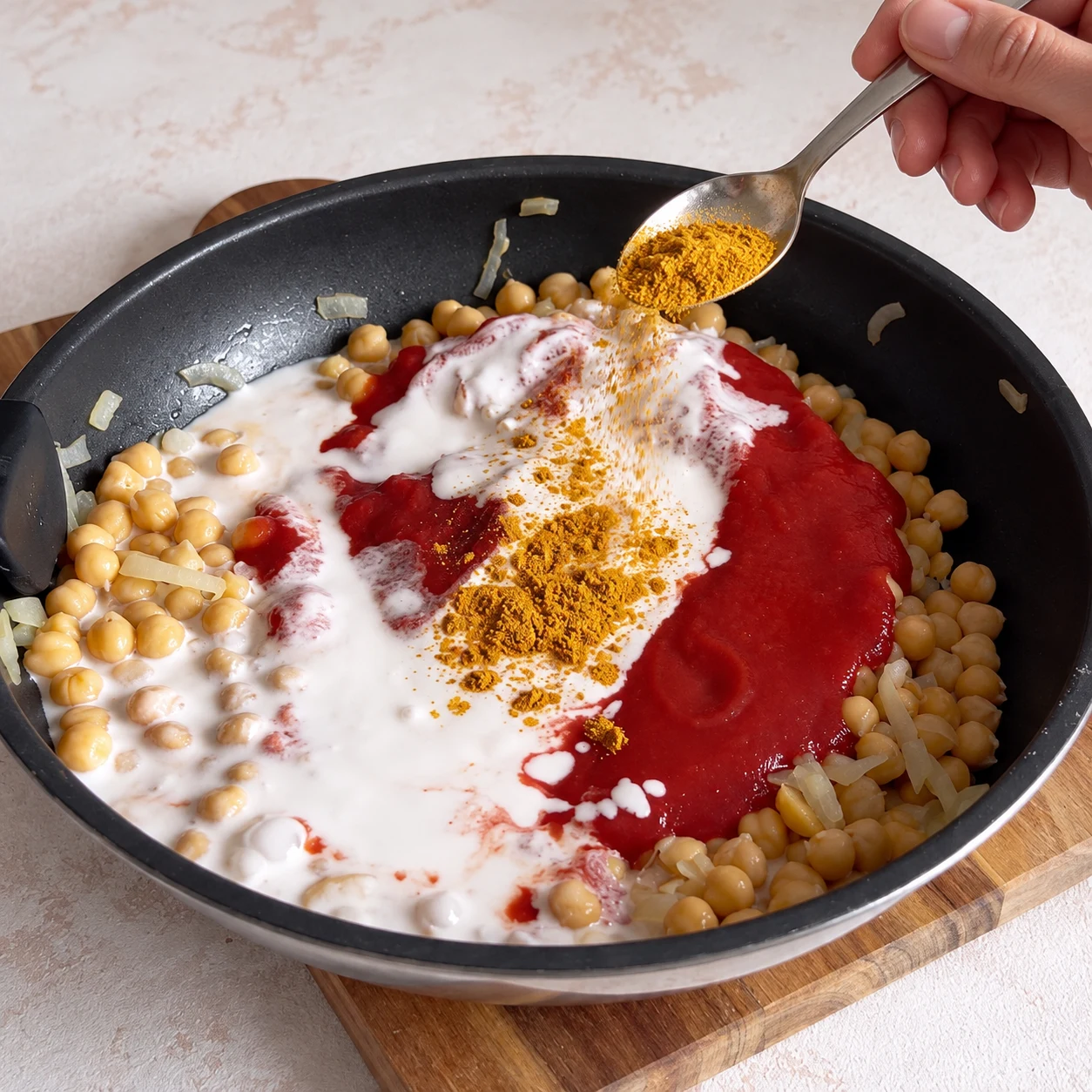 Ajoutez 2 à 3 cuillères à café rases de curry. Une seule scène et une seule phase ; ne montrer que les ingrédients autorisés à cette étape.