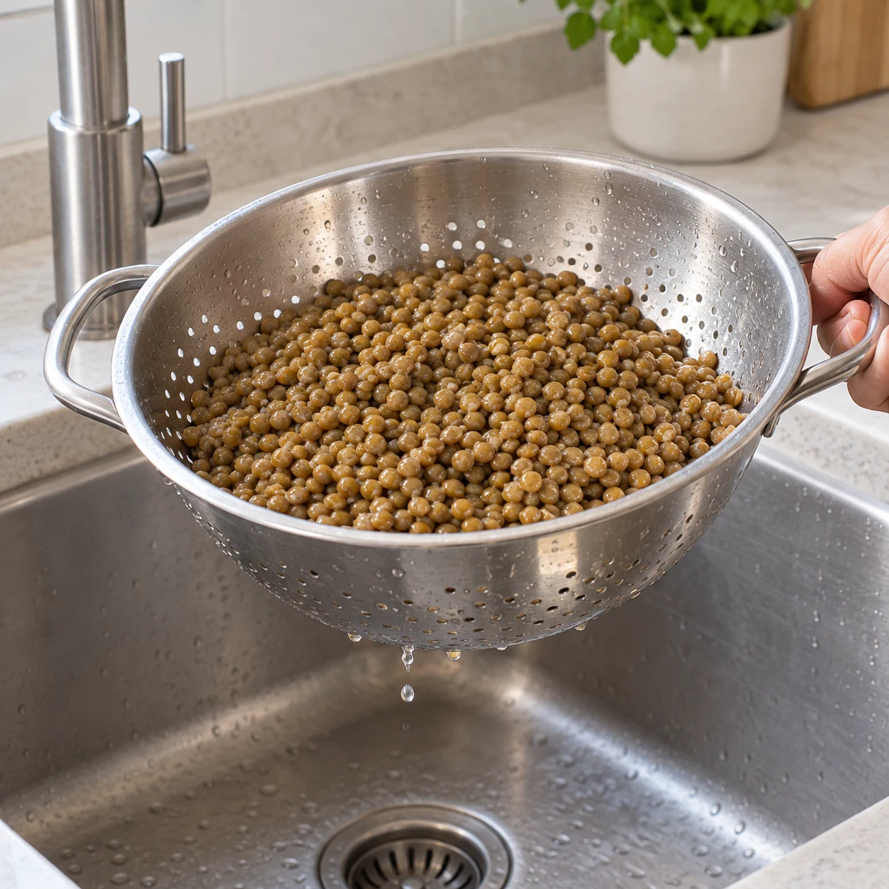 Laisse les lentilles rincées s’égoutter au-dessus de l’évier. Montrer : Les lentilles ne gouttent presque plus. Aucun poisson.