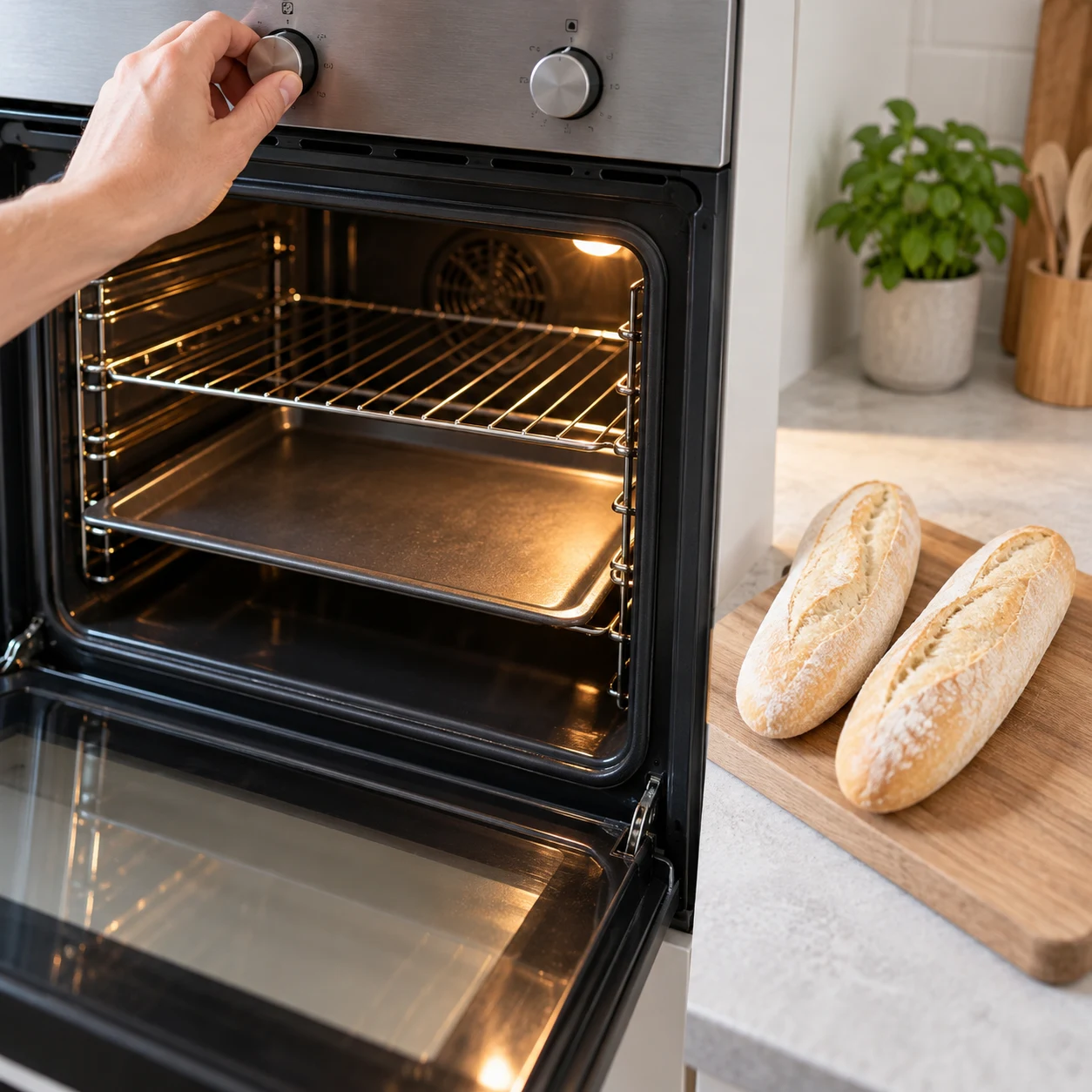 Four ouvert avec plaque vide et grille ; deux petites baguettes précuites pâles attendent sur le plan de travail adjacent. Aucun chiffre ni texte visible.