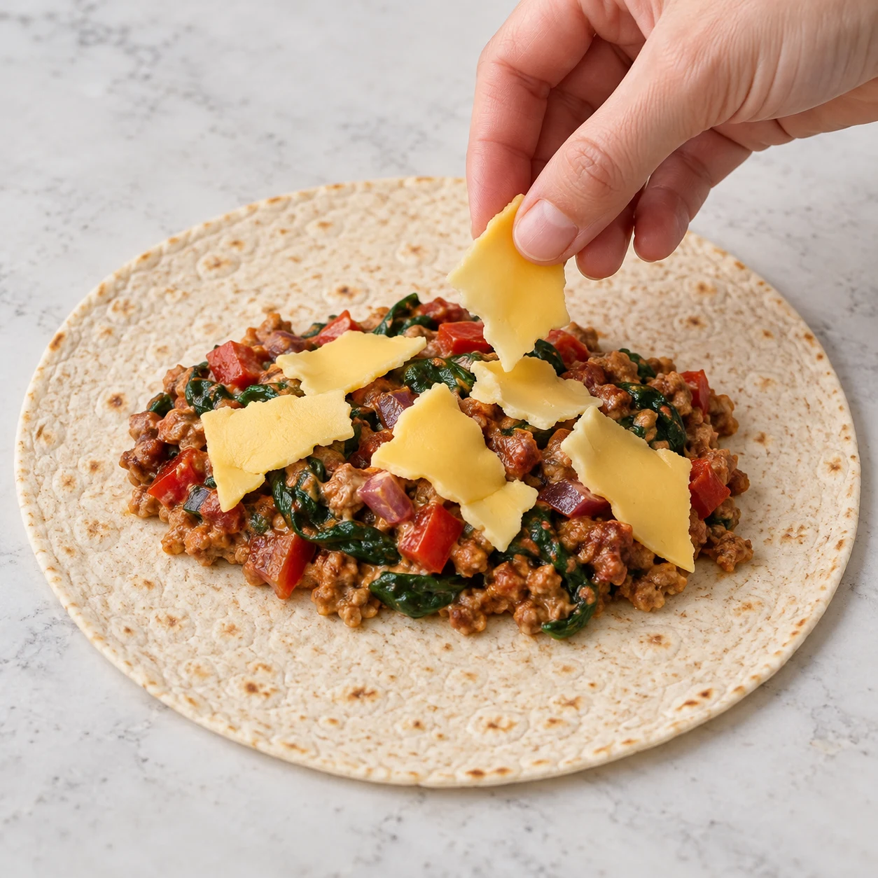 Pose un peu de préparation végétale en tranches sur la farce de chaque tortilla. Montrer uniquement les ingrédients présents à ce stade, sur un plan de travail en pierre claire.