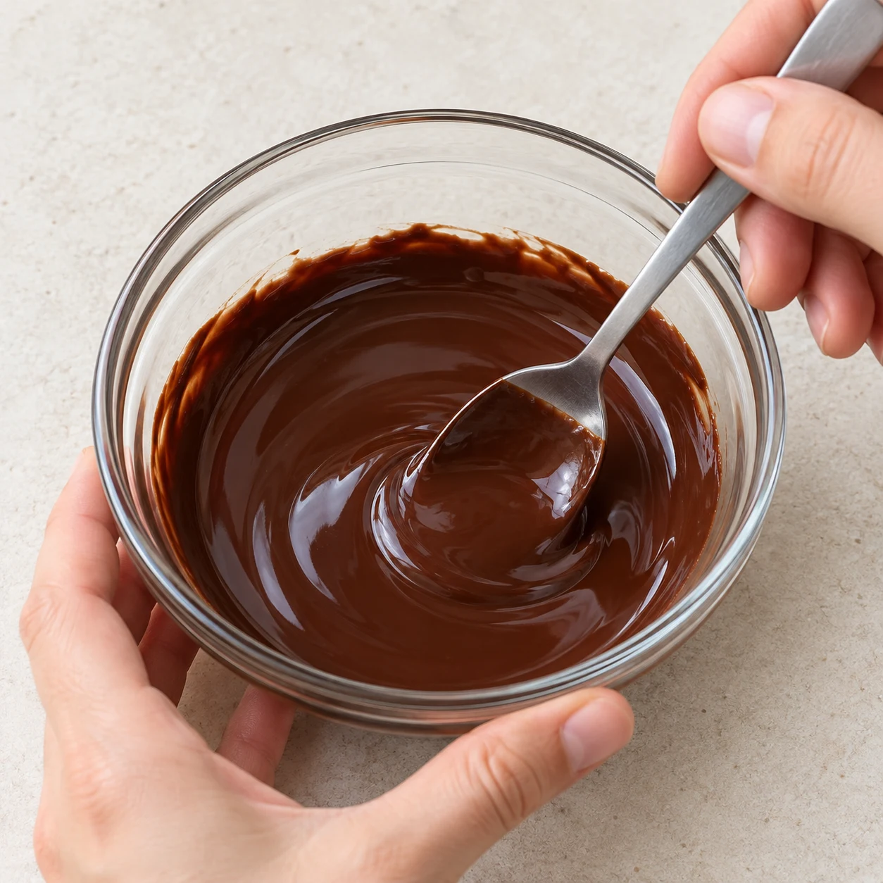 Une cuillère remue chocolat noir et huile de coco fondus dans un petit récipient résistant à la chaleur.