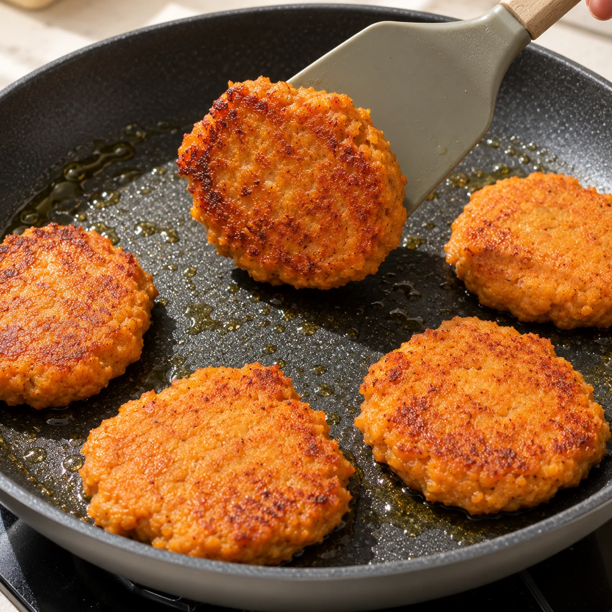 Galettes crues de lentilles corail orangées dans une poêle antiadhésive noire huilée, l’une soulevée à la spatule pour la retourner.