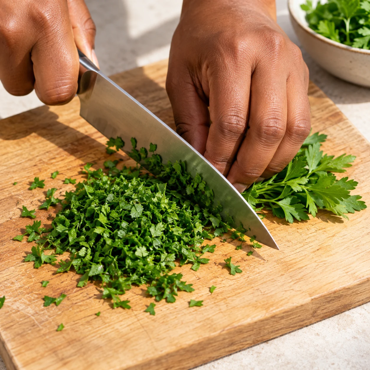 Persil frais ciselé sur planche, sans autres herbes.