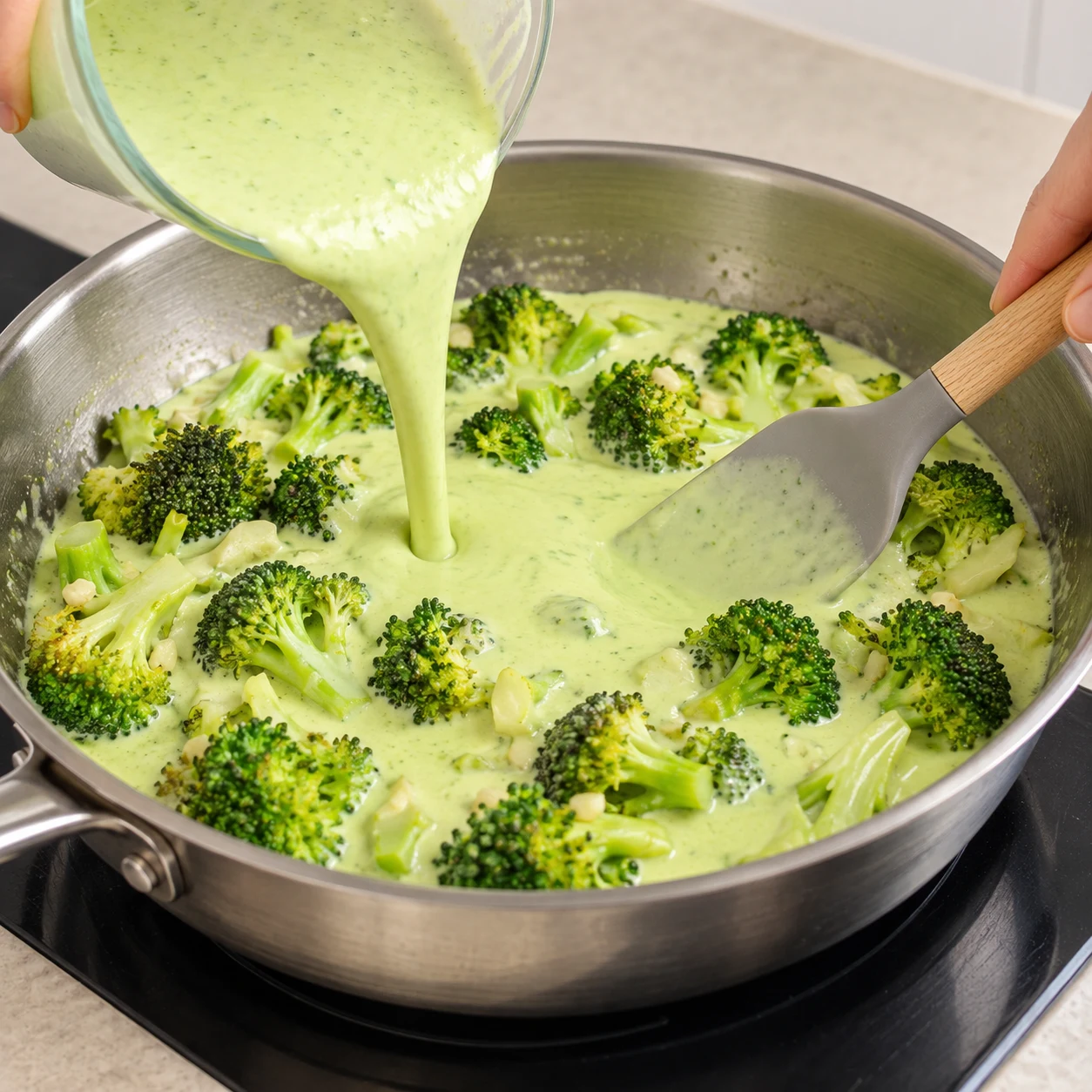 Sauce lisse vert pâle versée sur les fleurettes dans la poêle, pas encore de pâtes.