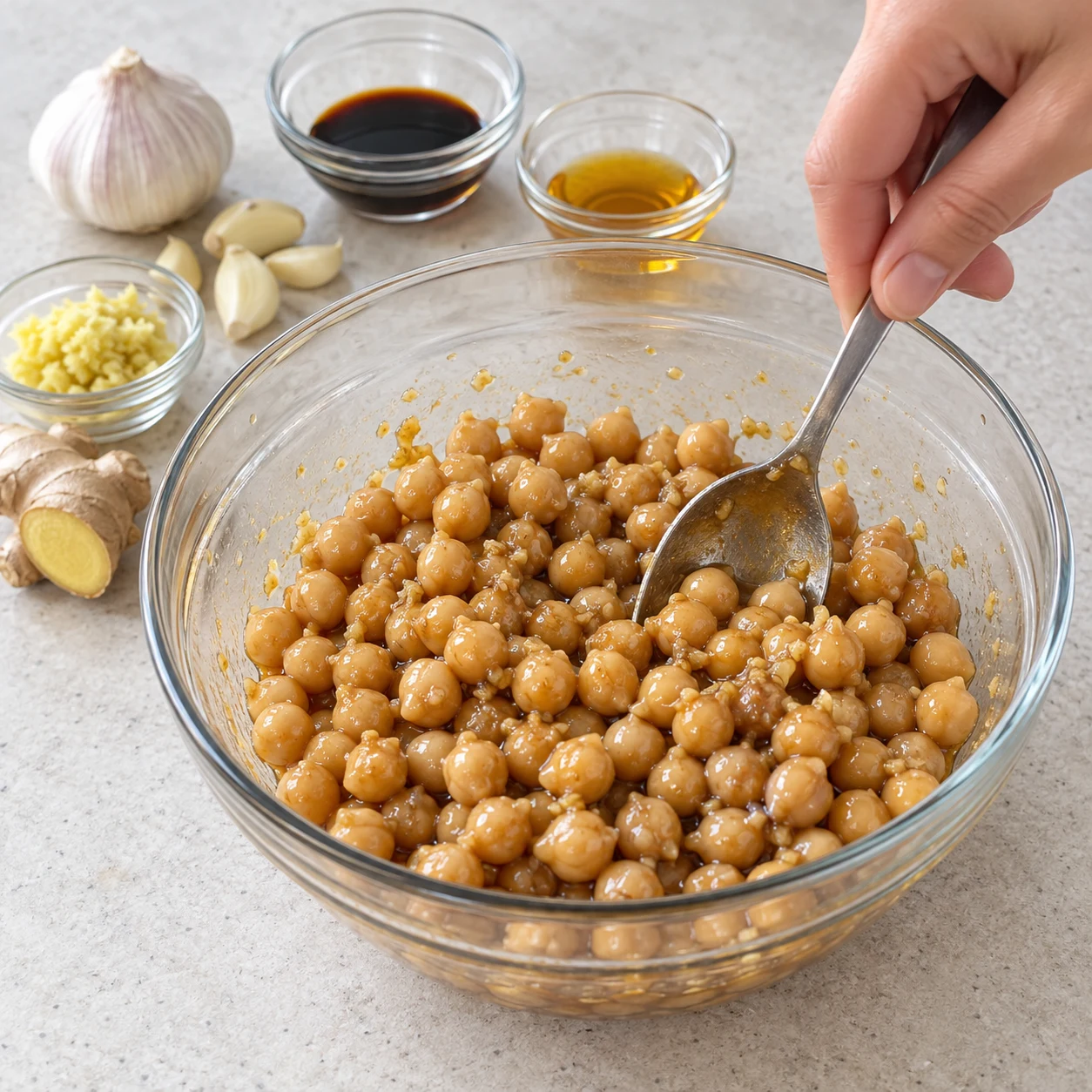 Bol transparent de pois chiches entiers beiges enrobés d’une fine marinade brune.