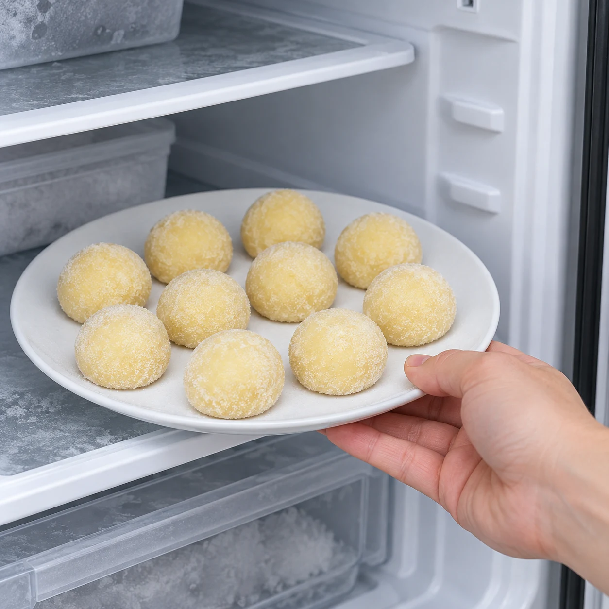 Boules de pâte jaune pâle enrobées de sucre sur une assiette entrant dans un congélateur.