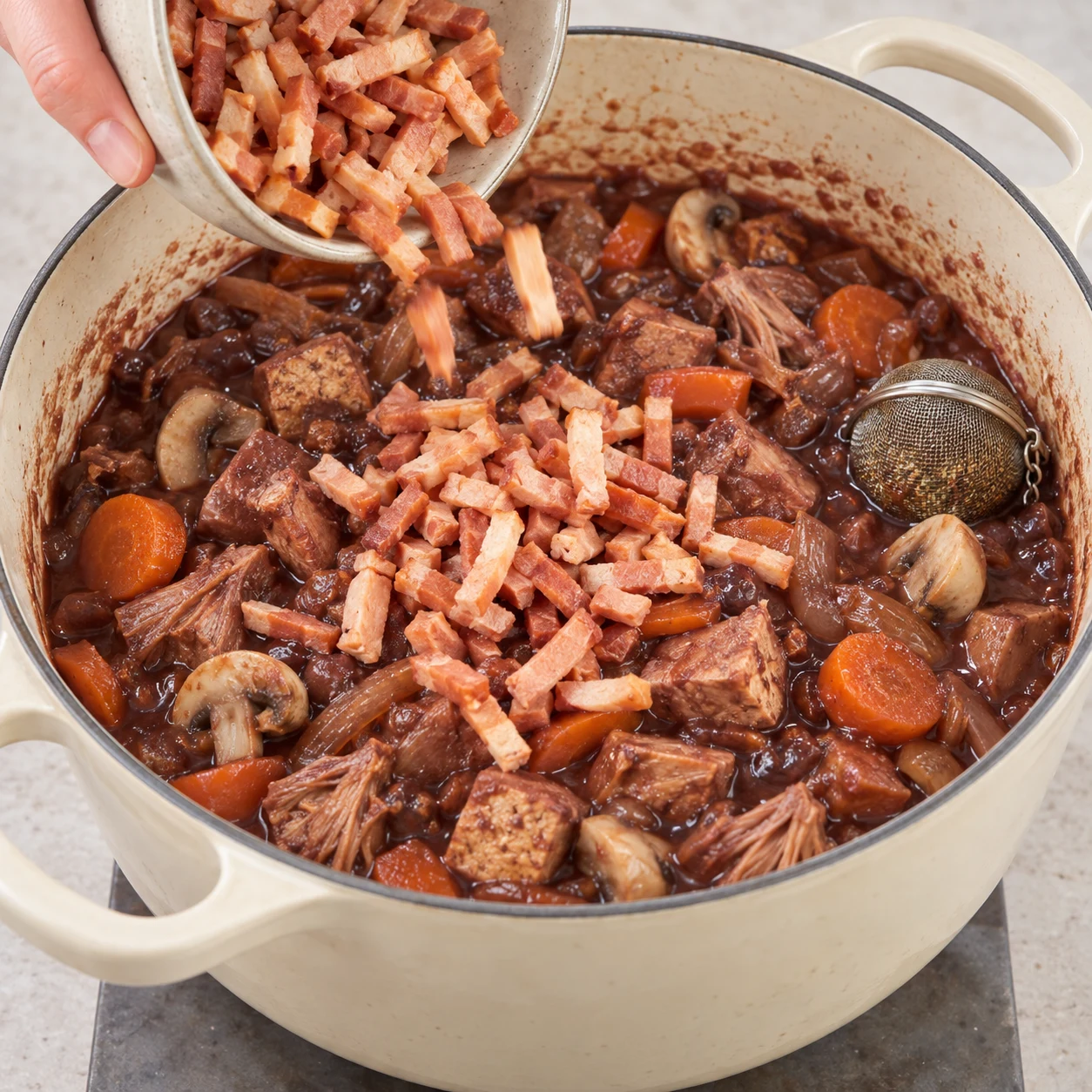Ajoute les 150 g de lardons véganes à la fin, comme précisé par la recette d’origine. Montrer seulement les ingrédients présents à cette étape, fidèles à la capture source, dans un cadre de livre de cuisine neutre sans visage, texte ni marque. Adaptation validée : représenter des champignons de Paris blancs et une boule à épices contenant les herbes de Provence, uniquement lorsqu’ils sont présents dans cette étape.