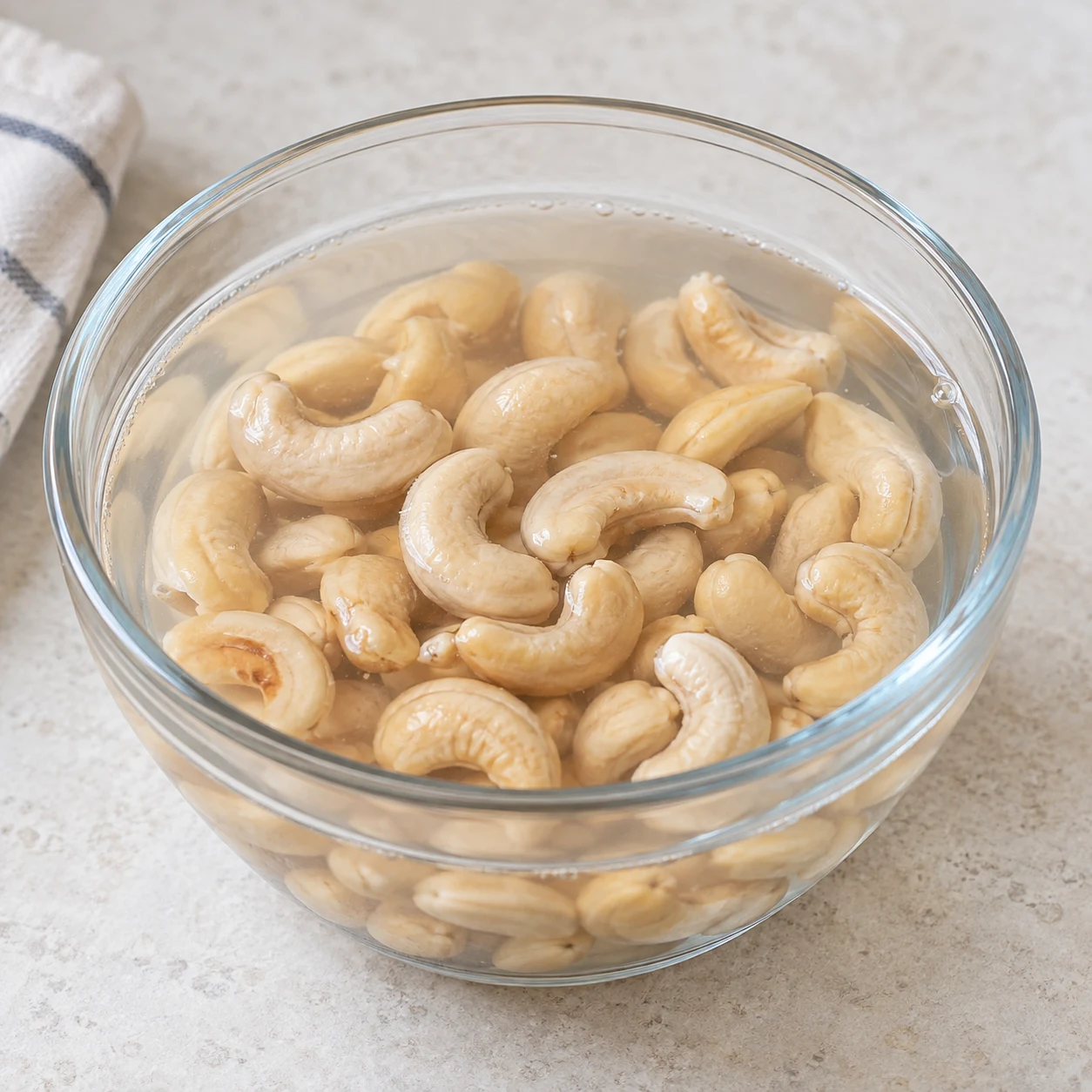 La veille, faites tremper les 60 g de noix de cajou dans de l’eau ; égouttez-les avant de préparer la crème. Montrer uniquement cet état, sur pierre pâle et sans texte.