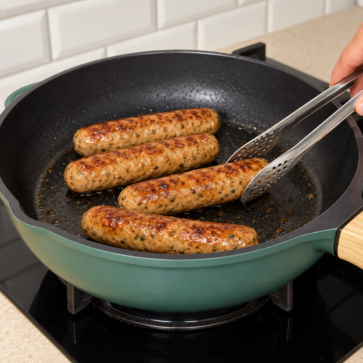Griller les saucisses végétales : Les saucisses sont chaudes à cœur et dorées sur plusieurs faces.