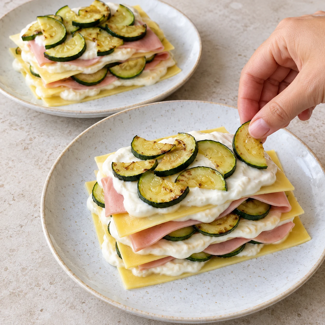 Monter les deux assiettes : Les deux assiettes comportent des couches de pâtes, de crème, de tranches végétales et de courgettes.