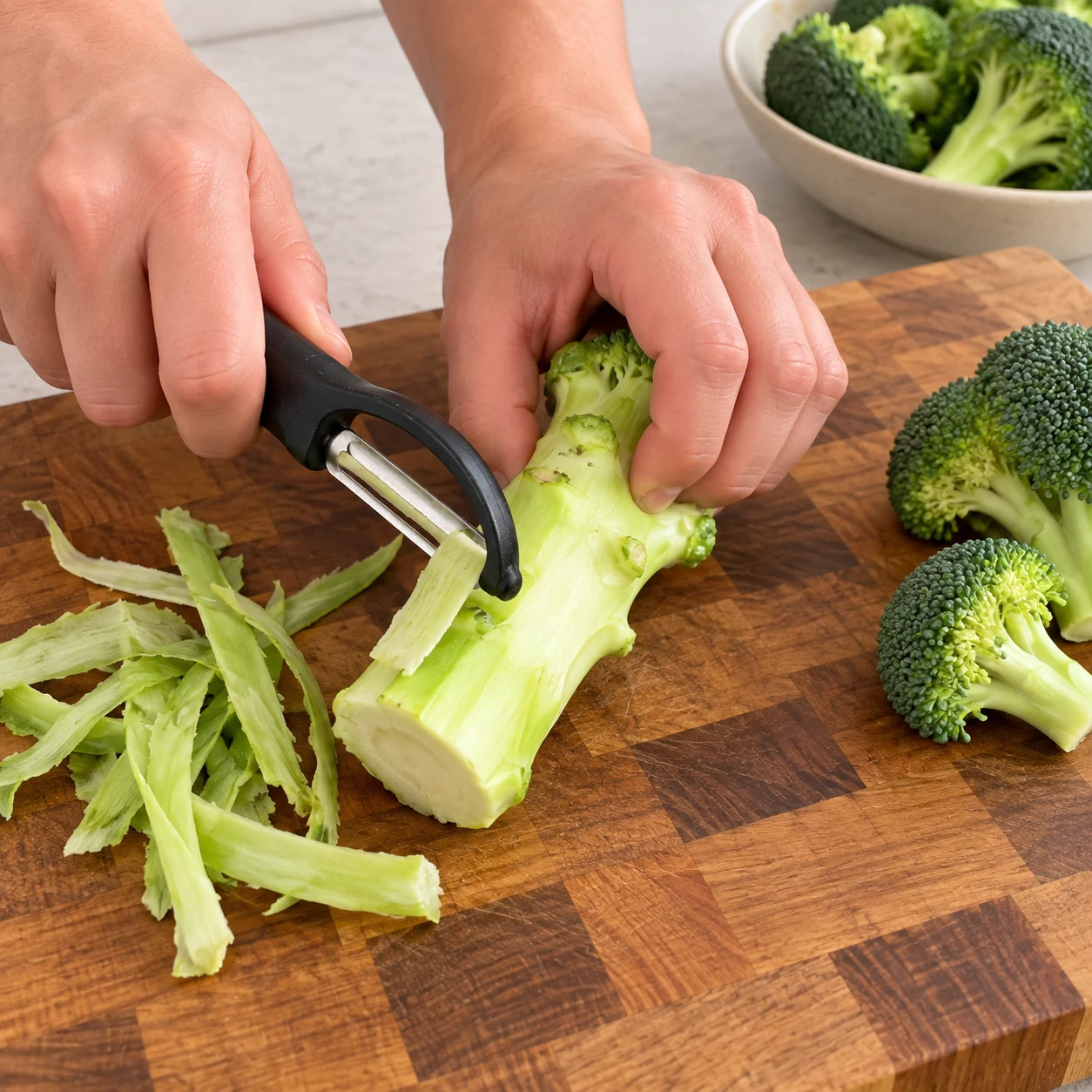 Un économe retire la peau extérieure du seul pied de brocoli, sur une planche stable.