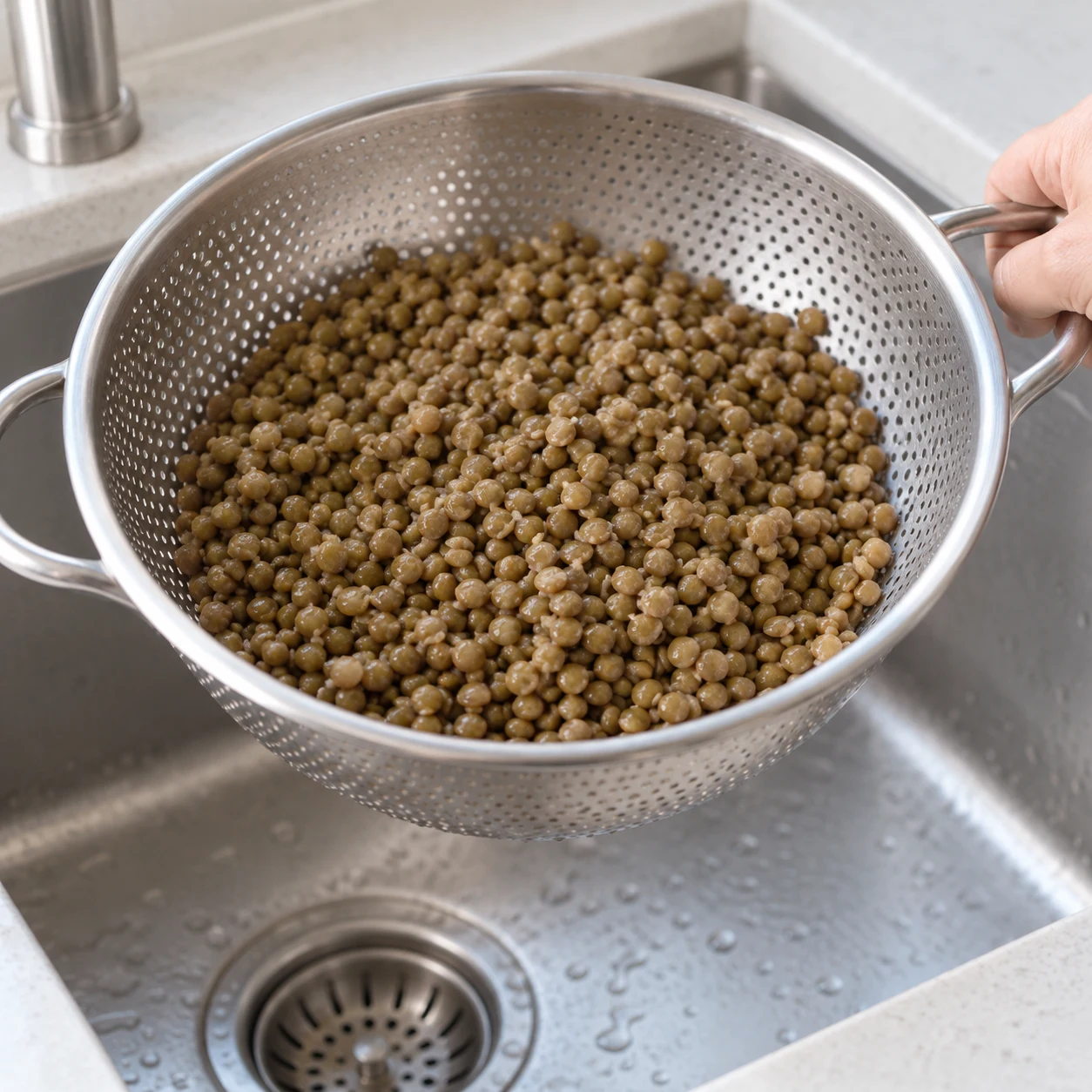 Passoire de lentilles vertes cuites et tendres au-dessus de l’évier.
